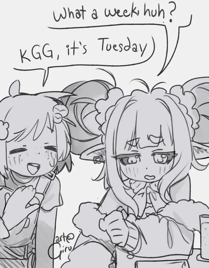 Meme of Kumo looking exhausted and saying 'what a week'. Lily replies that it's only tuesday, kumogorogoro.